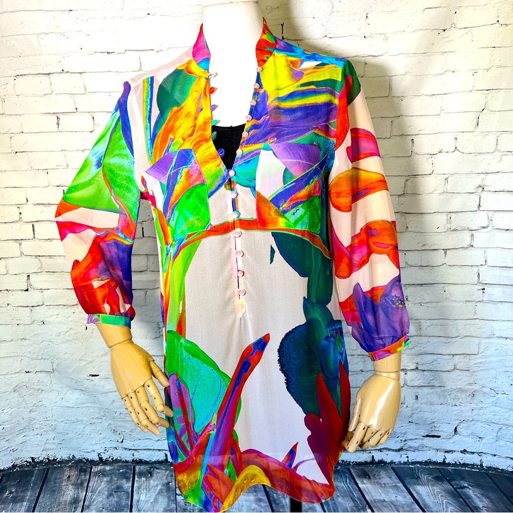 St. Emile Floral Botanical Abstract Silk Sheer Blouse Tunic Coverup Dress Size 6